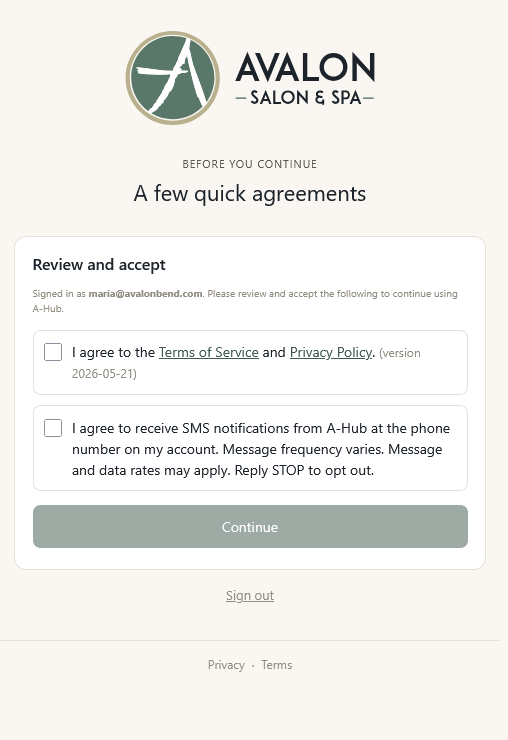 A-Hub first-login consent screen showing the SMS opt-in checkbox